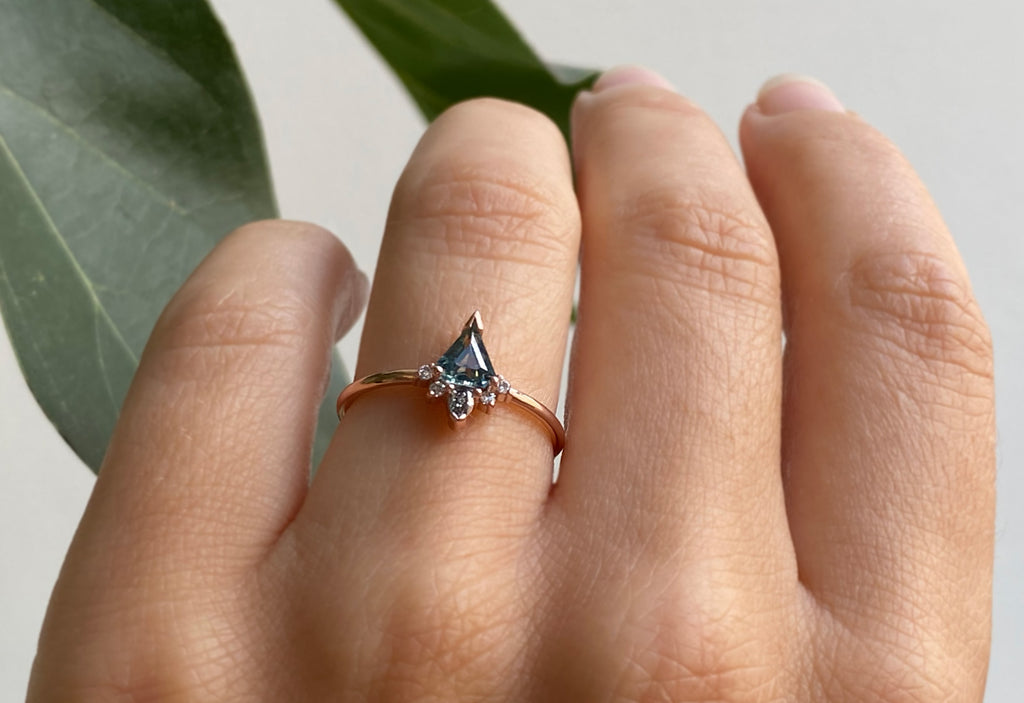 Shield Cut Sapphire Engagement Ring with Attached Diamond Sunburst