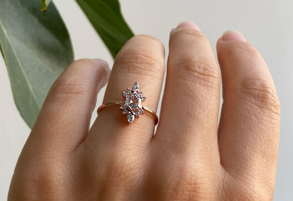Hexagon Cut White Diamond Engagement Ring with Attached Sunbursts
