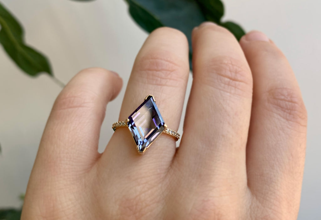 Kite-Shaped Tanzanite Engagement Ring with Pavé Diamond Band