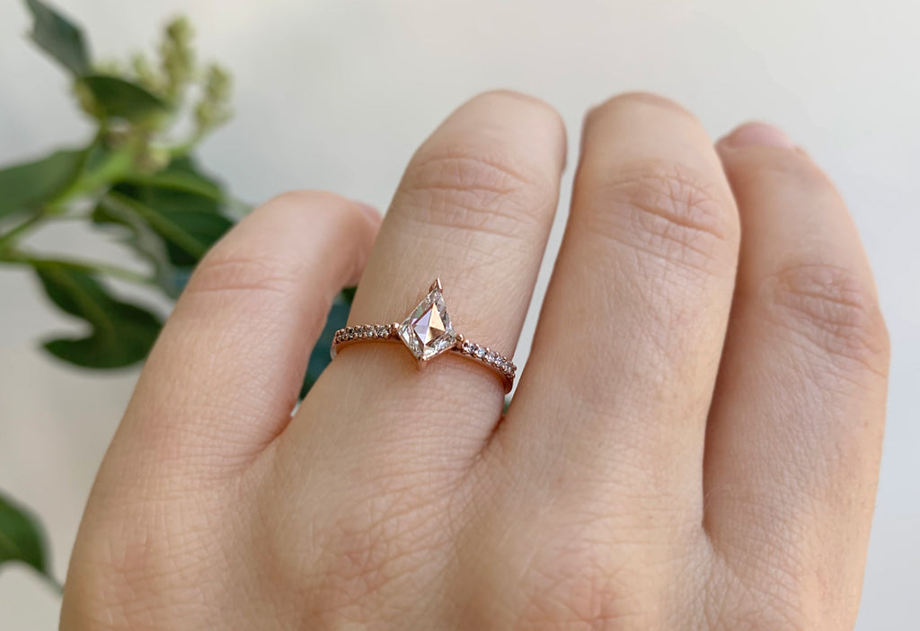 Kite-Shaped White Diamond Engagement Ring with Pavé Band