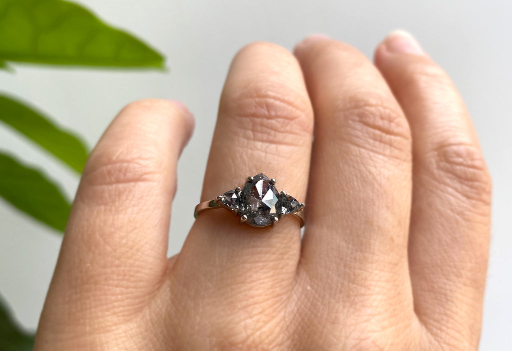 Three-Stone Rose Cut Black Diamond Engagement Ring