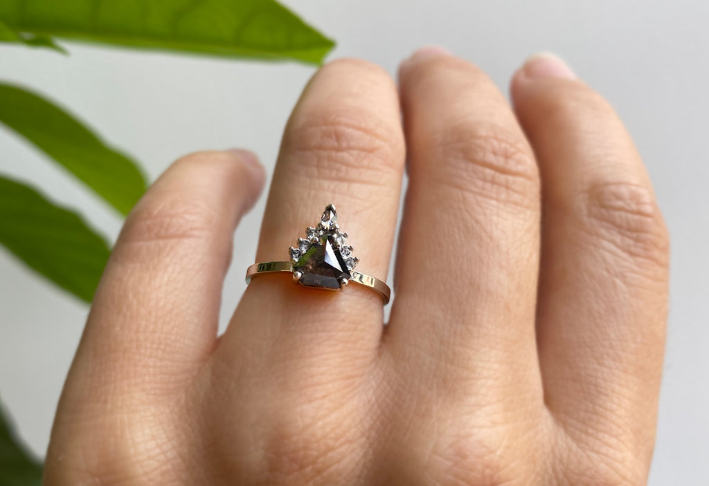 Shield Cut Black Diamond Engagement Ring with Attached Sunburst