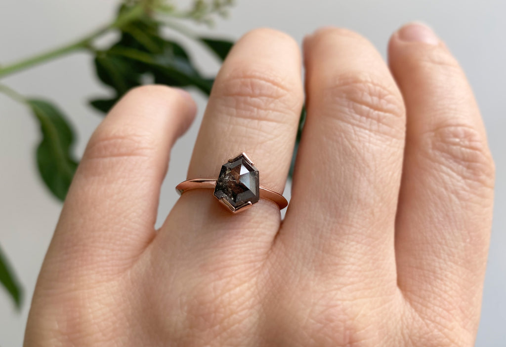 One Of A Kind Black Hexagon Diamond Engagement Ring with Knife Edge Band