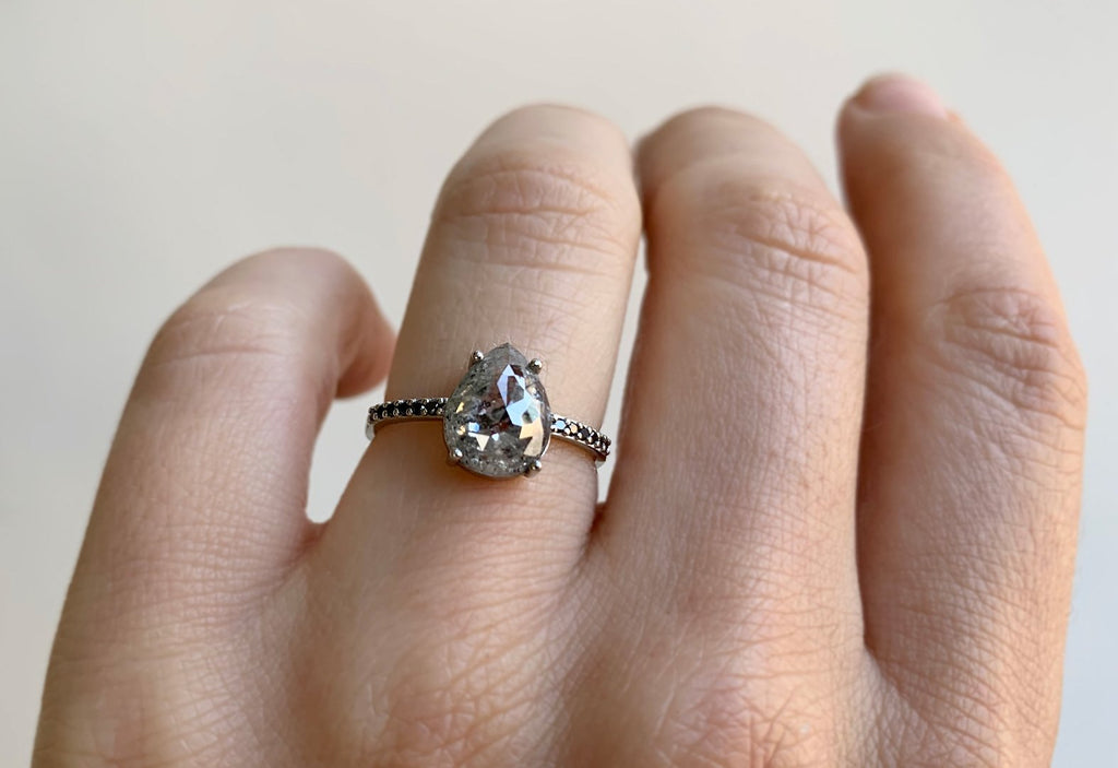 Rose Cut Salt + Pepper Diamond Engagement Ring with Black Pavé Band