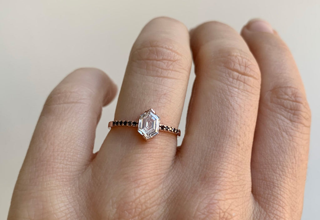 White Hexagon Diamond Engagement Ring with Black Pavé Diamond Band