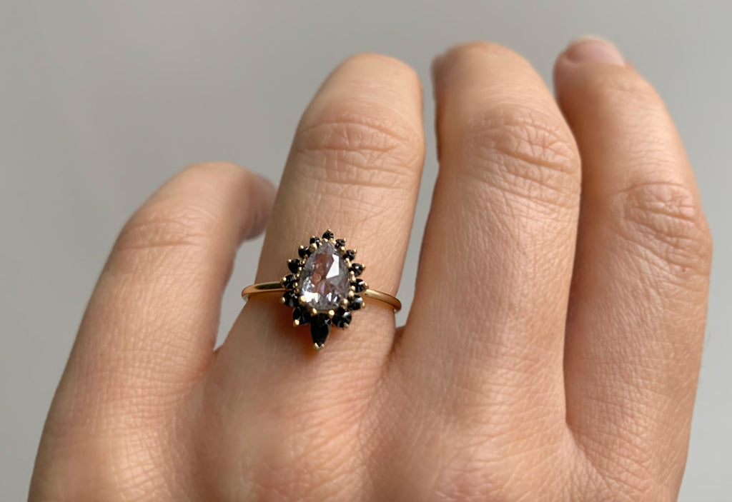 Rose Cut Salt + Pepper Diamond Engagement Ring with Black Diamond Sunburst Halo