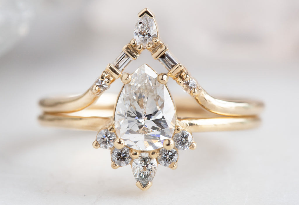 Yellow Gold White Diamond Tiara Stacking Band with White Diamond Engagement Ring