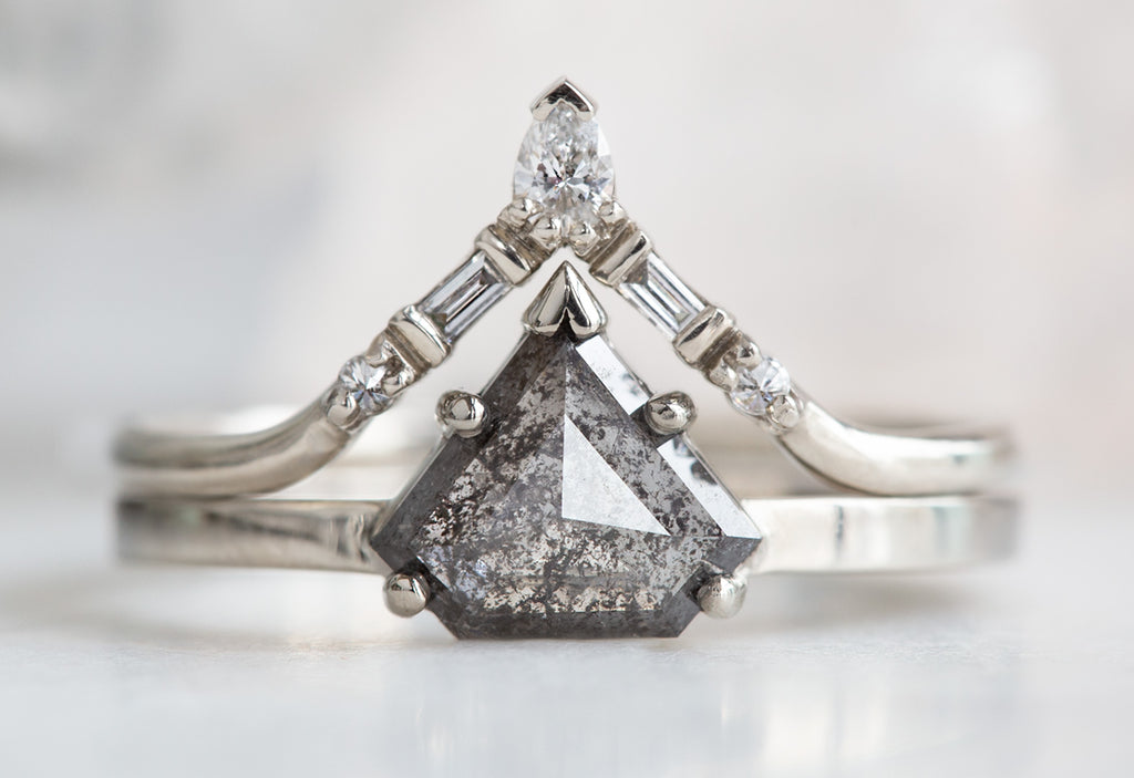 White Gold White Diamond Tiara Stacking Band with Black Diamond Engagement Ring