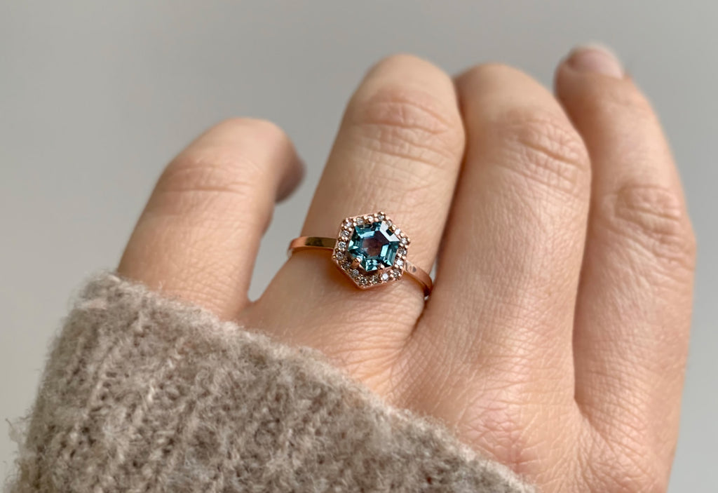 Sapphire Hexagon Engagement Ring with Diamond Halo