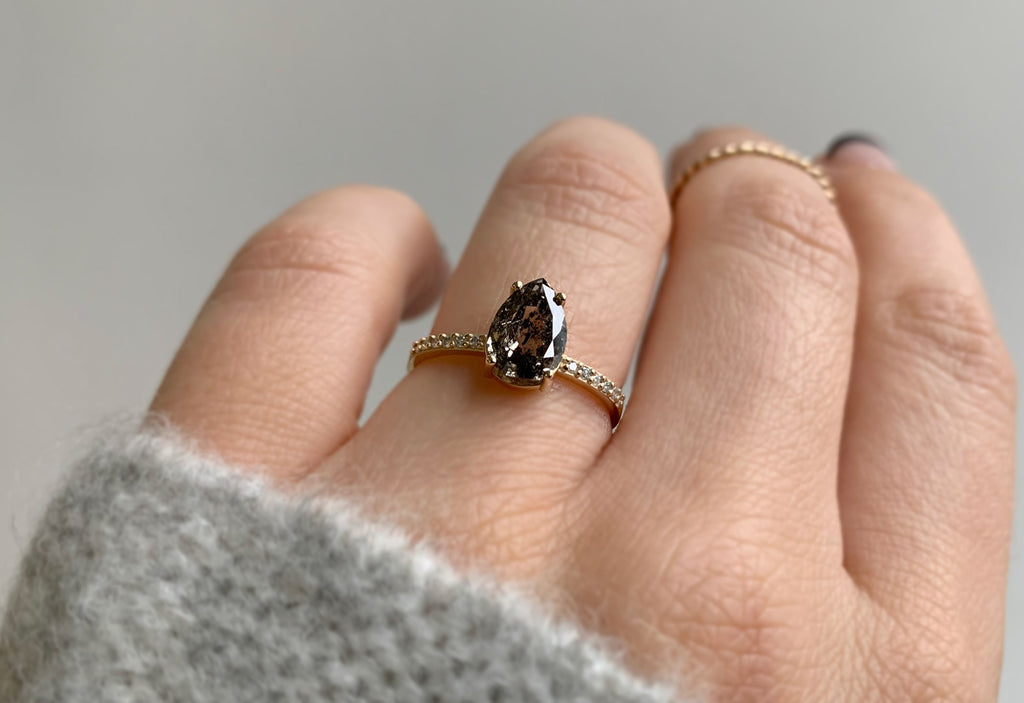 Pear Cut Black Diamond Engagement Ring with Pavé Band