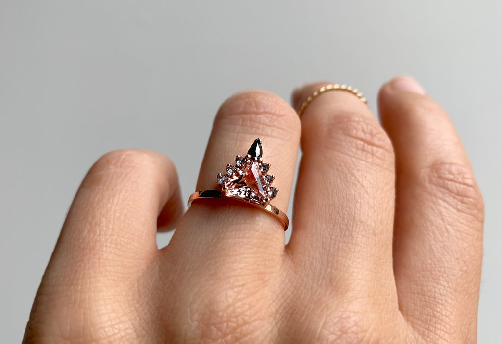One of a Kind Morganite Trillion Engagement Ring with Black Diamond Sunburst