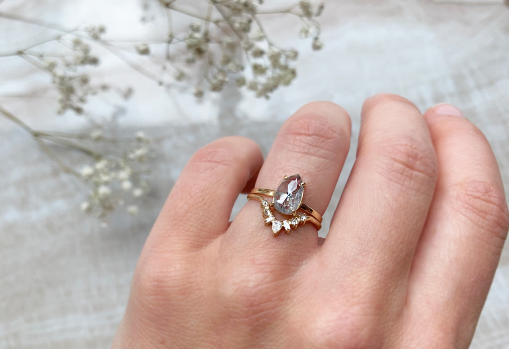 One of a Kind Rose Cut Salt & Pepper Diamond Engagement Ring On Model