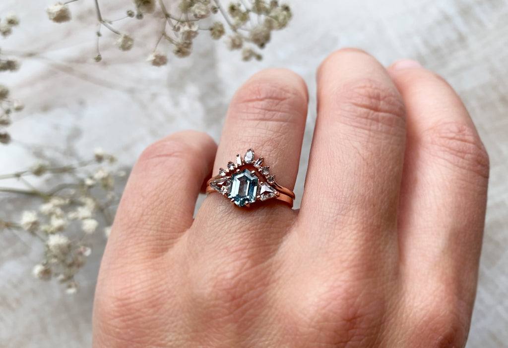 One Of A Kind Montana Sapphire Engagement Ring with Side Trillions