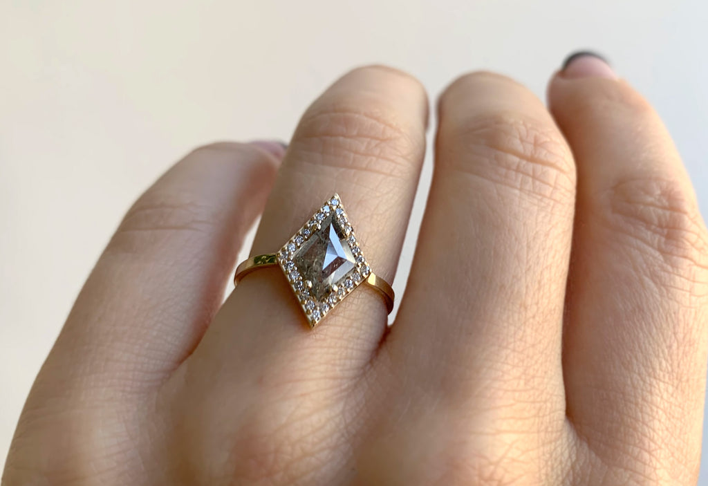 Step Cut Kite-Shaped Diamond Engagement Ring with Halo
