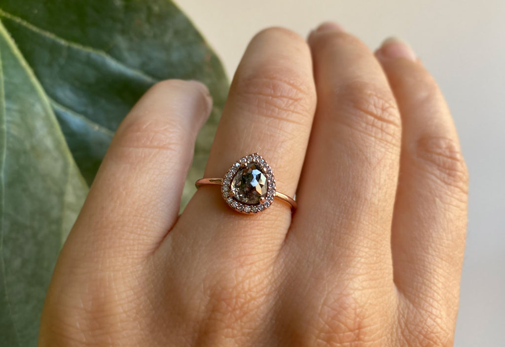 One Of A Kind Rose Cut Salt + Pepper Diamond Engagement Ring with Halo