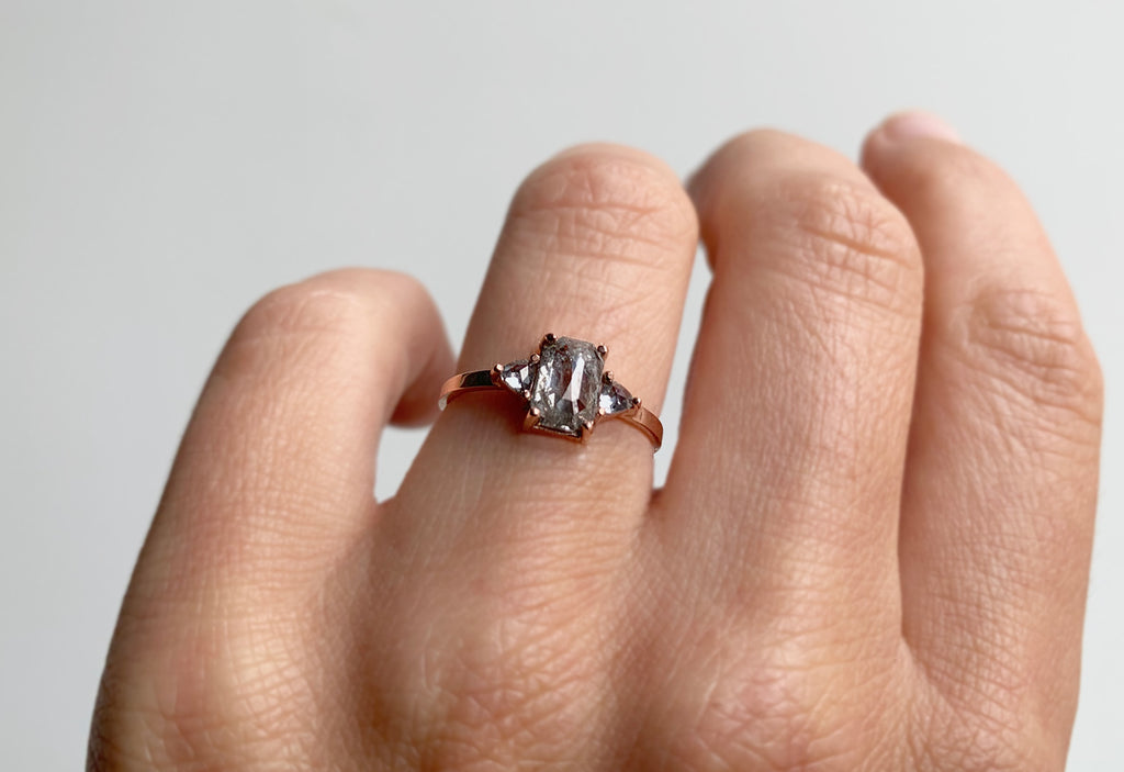 Emerald Cut Salt + Pepper Diamond Engagement Ring with Side Trillions