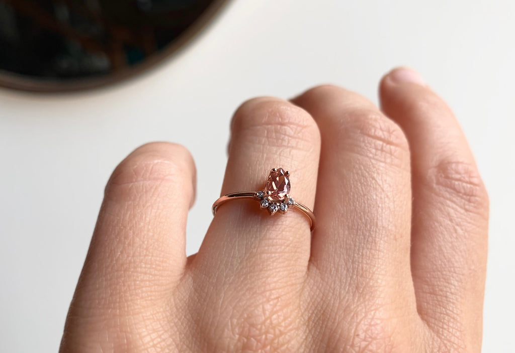 Peach Sunstone Engagement Ring with Diamond Sunburst