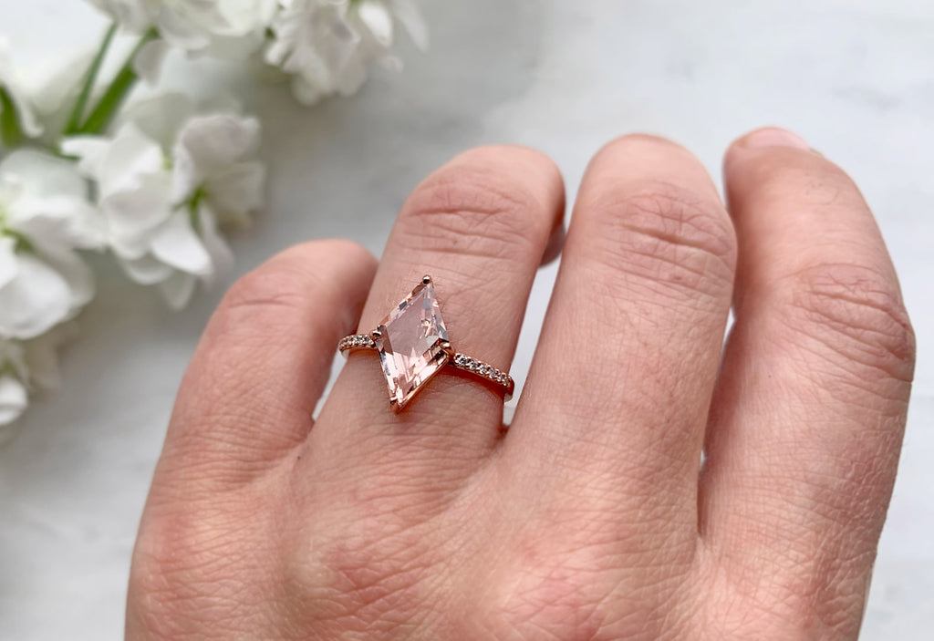 One of a Kind Geometric Morganite Engagement Ring with Pavé Diamond Band