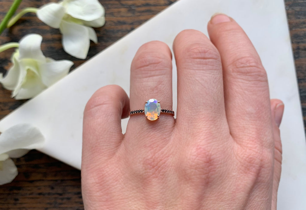Australian Opal + Black Diamond Pavé Engagement Ring on Model