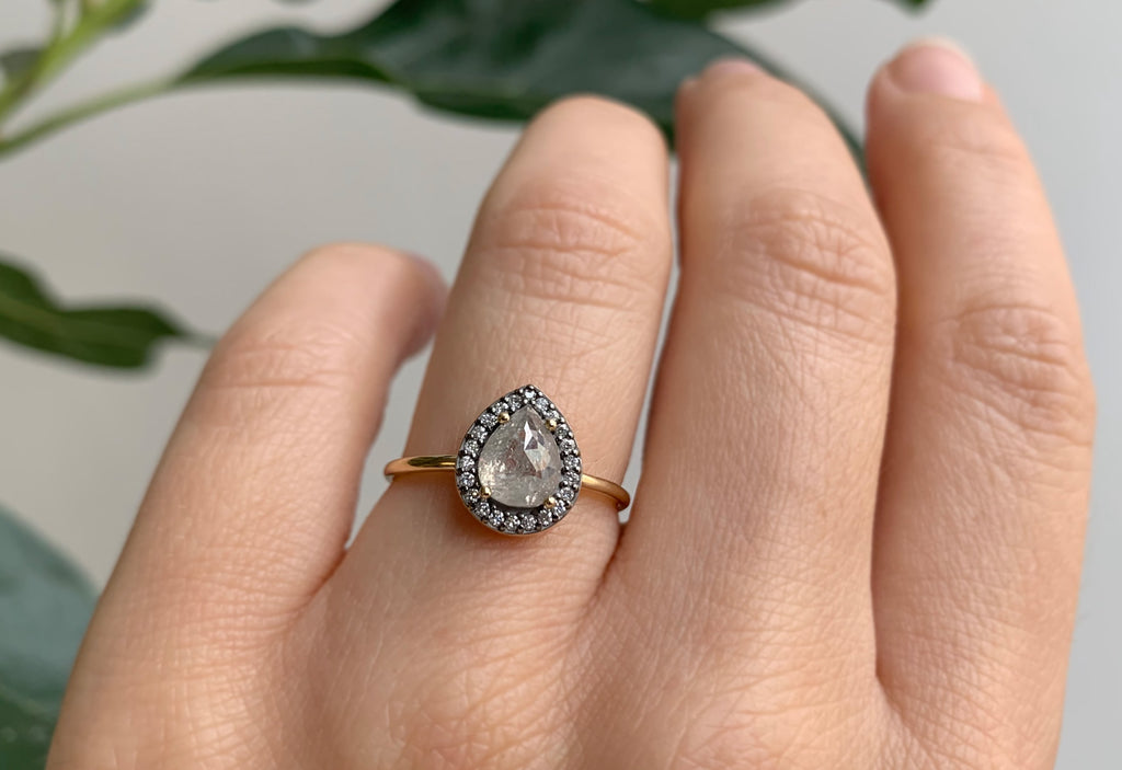 Rose Cut Grey Diamond Engagement Ring with Black Gold Halo