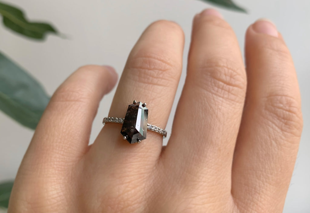 Black Hexagon Diamond Engagement Ring with Pavé Band