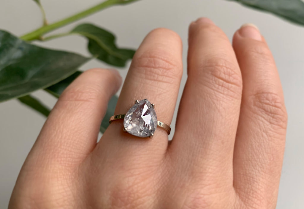 Large Rose Cut Opalescent Salt + Pepper Diamond Engagement Ring
