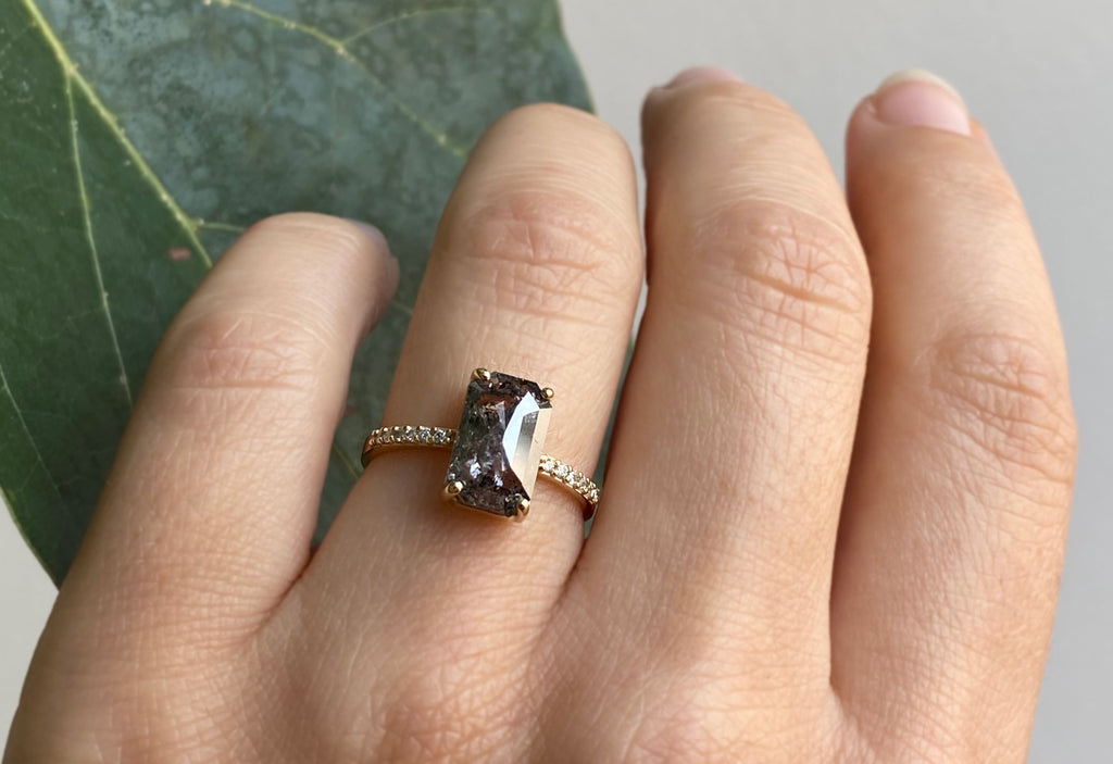 Large Emerald Cut Salt + Pepper Diamond Engagement Ring with Pavé Band