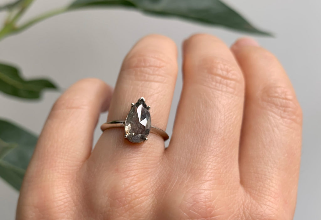 Rose Cut Salt + Pepper Diamond Engagement Ring with Knife Edge Band