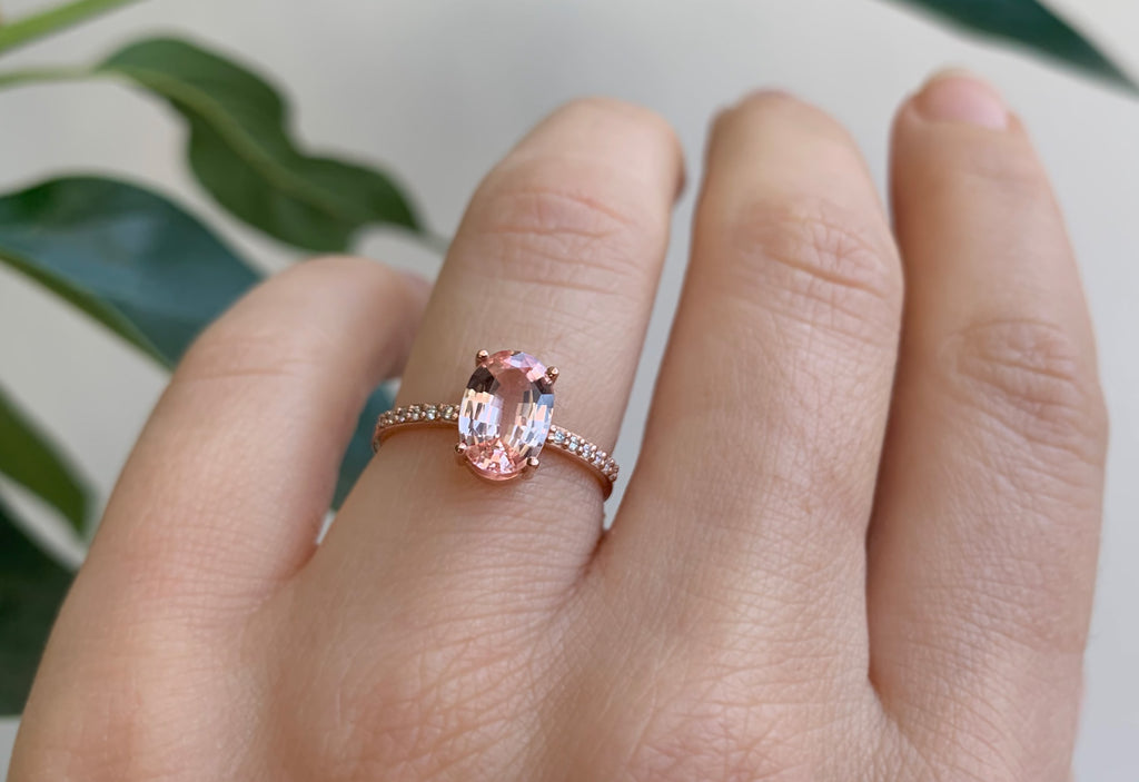 Oval Cut Pink Sapphire Engagement Ring with Pavé Band