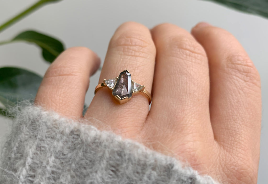 Three-Stone Salt + Pepper Hexagon Diamond Engagement Ring