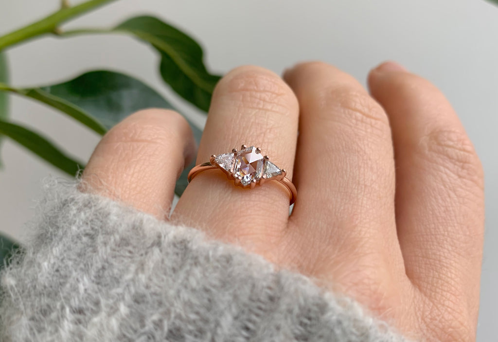 Three-Stone White Hexagon Diamond Engagement Ring
