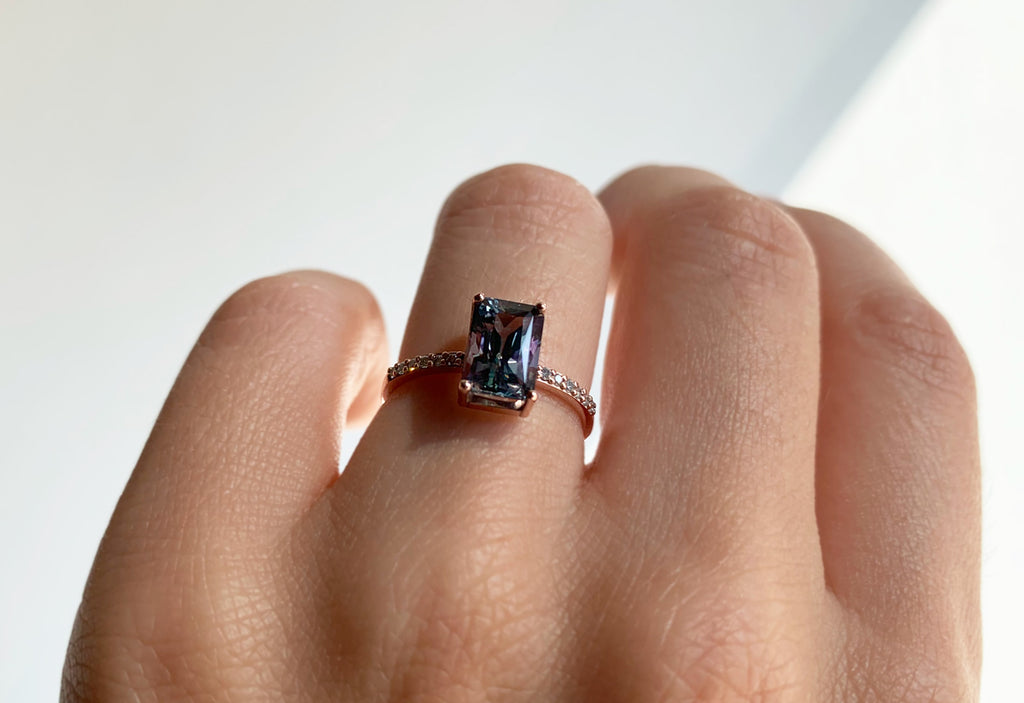 One of a Kind Geometric Morganite Engagement Ring with Pavé Diamond Band
