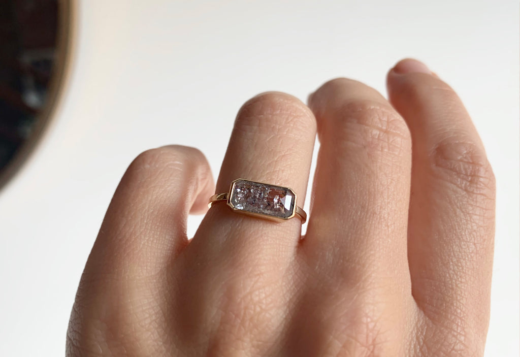 One of a Kind  Emerald Cut Salt + Pepper Diamond Engagement Ring