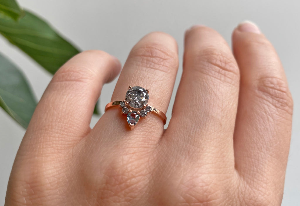 Round Cut Salt + Pepper Diamond Engagement Ring with Attached Sapphire + Diamond Sunburst