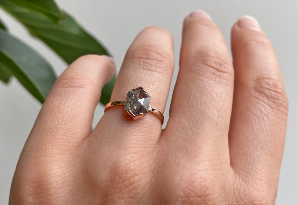 Hexagon Cut Salt + Pepper Diamond Engagement Ring