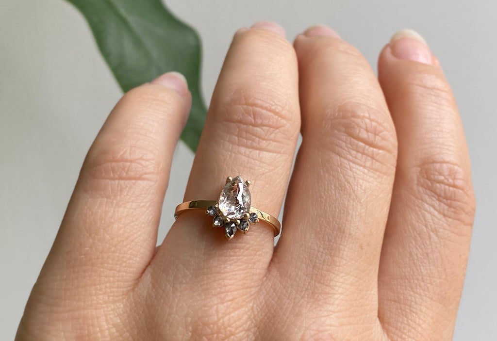 Rose Cut Icy White Diamond Engagement Ring with Attached Sunburst