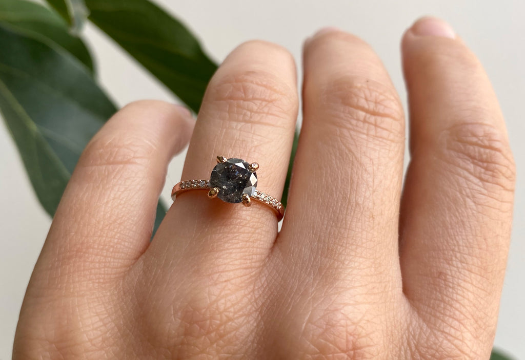 Round Cut Black Diamond Engagement Ring with Pavé Band