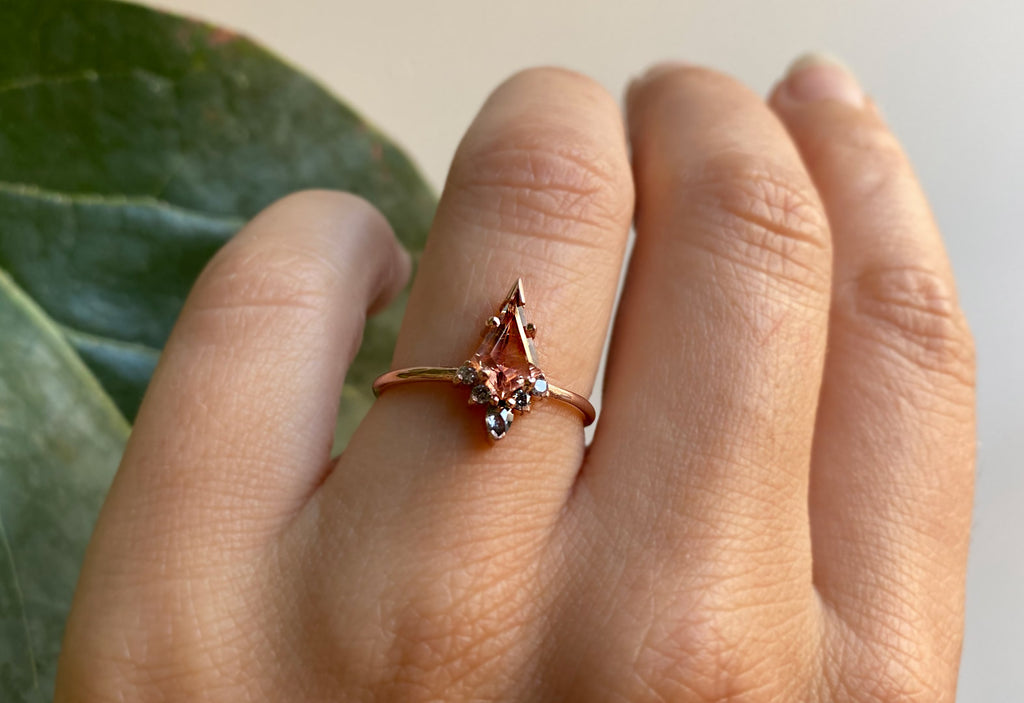 Kite-Shaped Sunstone Engagement Ring with Attached Diamond Sunburst