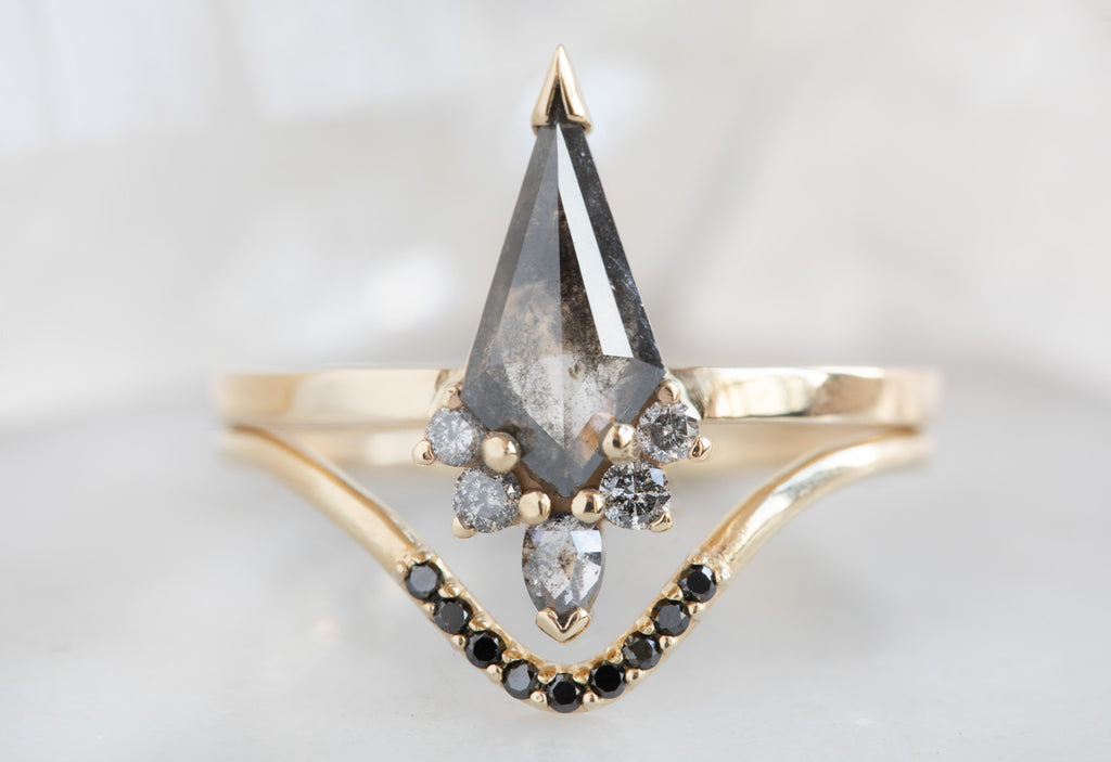 Kite-Shaped Salt + Pepper Diamond Engagement Ring with Attached Sunburst