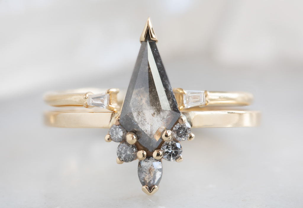 Kite-Shaped Salt + Pepper Diamond Engagement Ring with Attached Sunburst