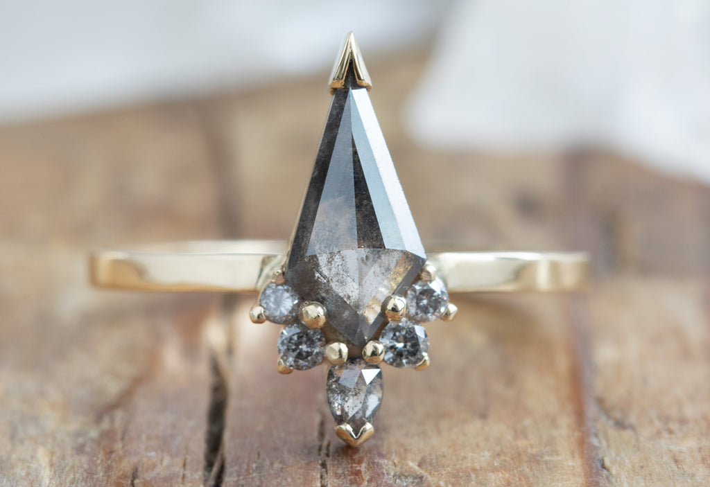 Kite-Shaped Salt + Pepper Diamond Engagement Ring with Attached Sunburst