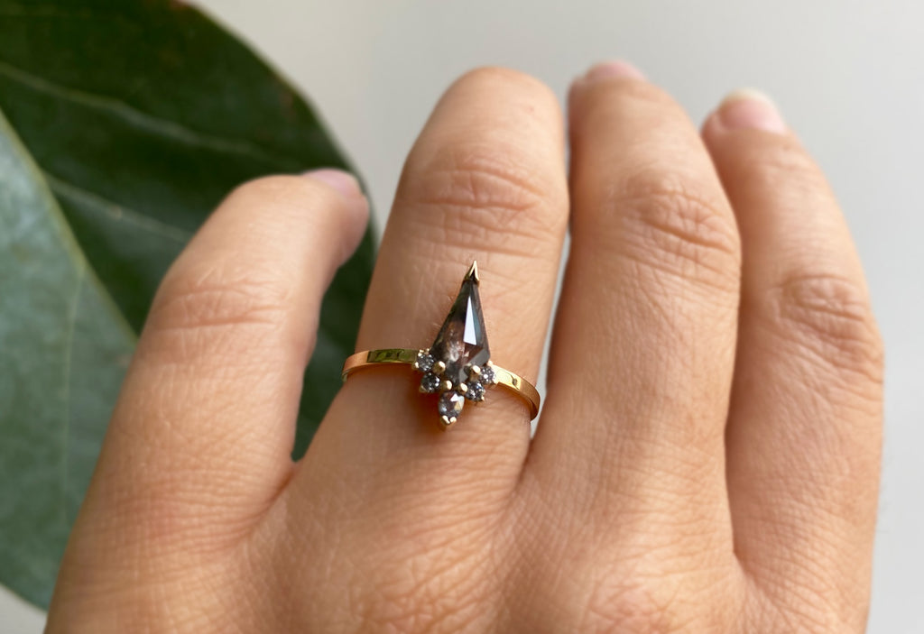 Kite-Shaped Salt + Pepper Diamond Engagement Ring with Attached Sunburst