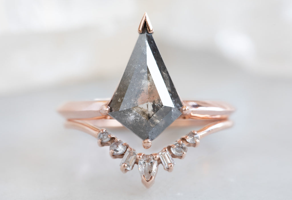 Kite Shaped Salt + Pepper Diamond Engagement Ring with Knife Edge Band
