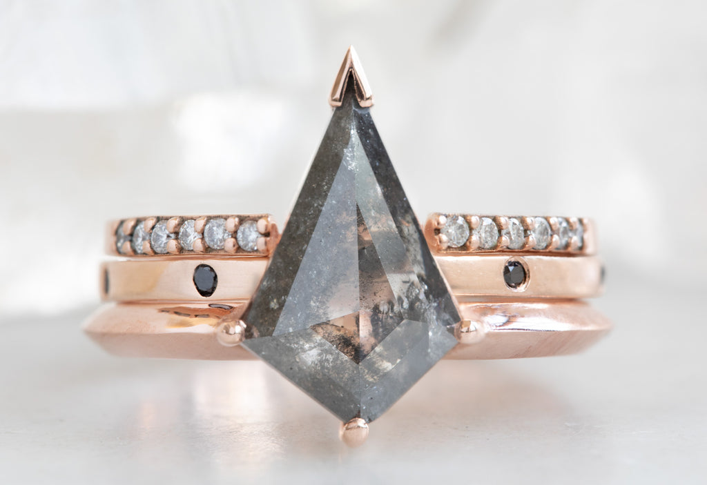 Kite Shaped Salt + Pepper Diamond Engagement Ring with Knife Edge Band