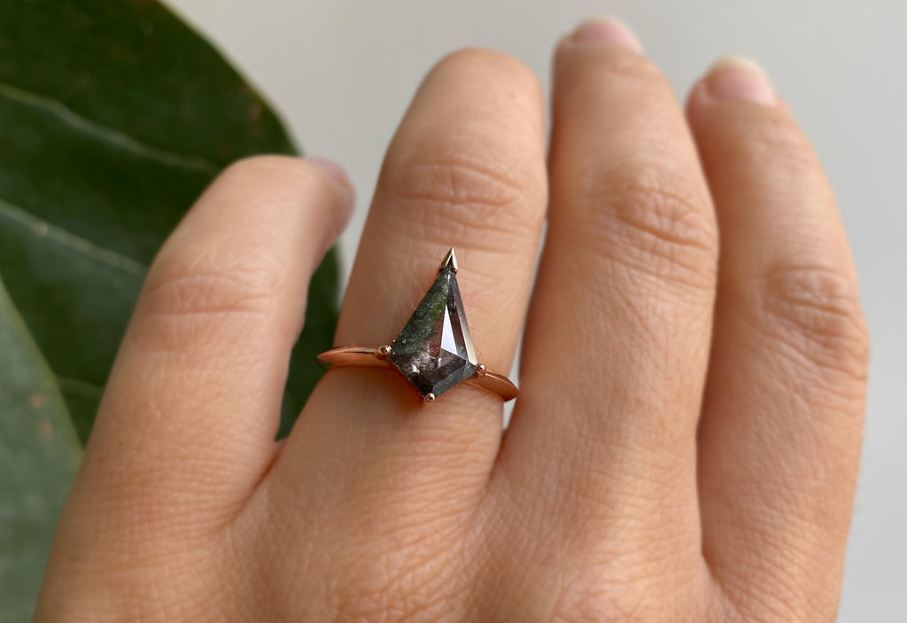 Kite Shaped Salt + Pepper Diamond Engagement Ring with Knife Edge Band