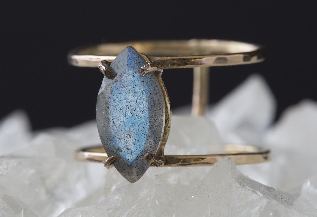 Yellow Gold Labradorite Cage Ring on White Crystal