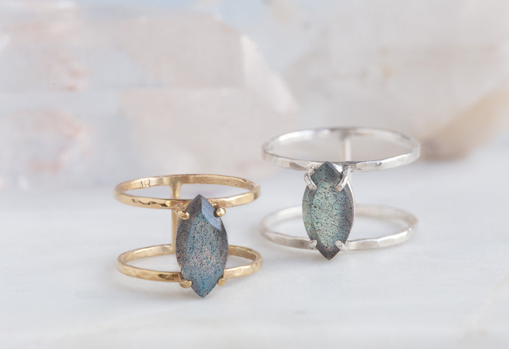 Labradorite Cage Ring in Yellow and White Gold