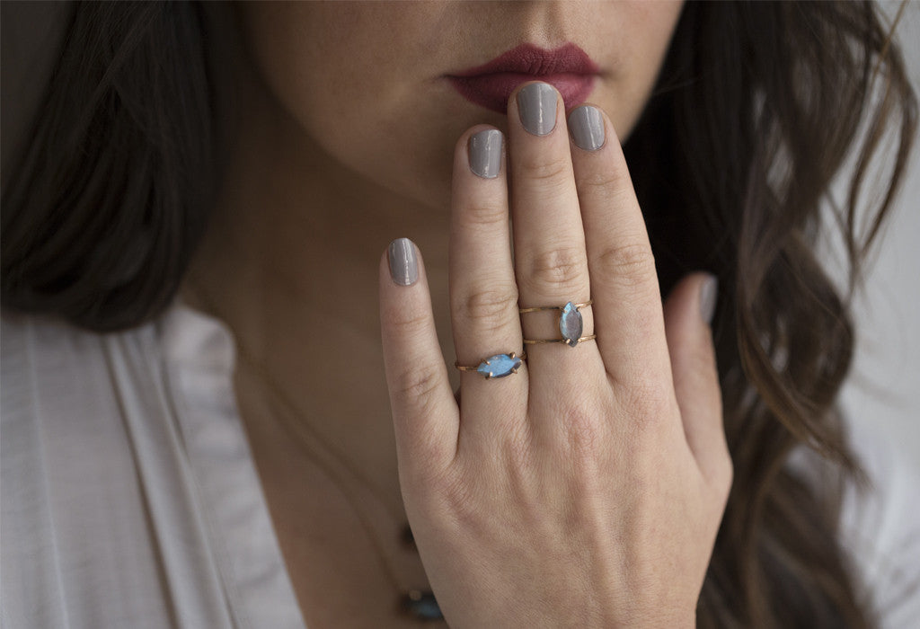 Labradorite Fine Jewelry Rings on Model holding hand to her mouth