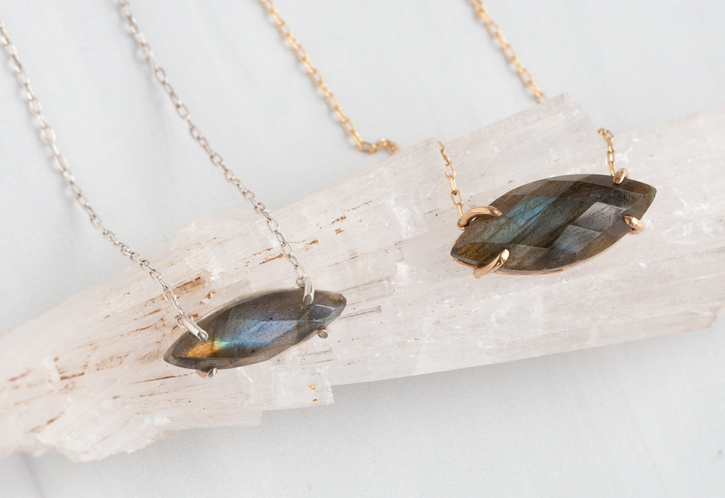 Labradorite Marquise Necklaces in Yellow Gold and Sterling Silver