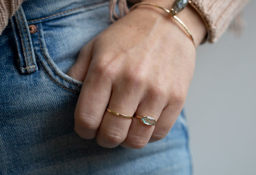 Labradorite Marquise Ring on Model with hand in jean pocket